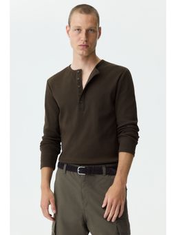 H&M - Men Green Slim Fit Ribbed Henley Shirt