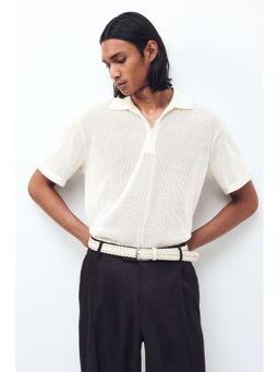 H&M - Men White Regular Fit Hole-Knit Polo T-Shirt