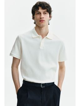 H&M - Men White Slim Fit Waffle-Knit Polo Shirt