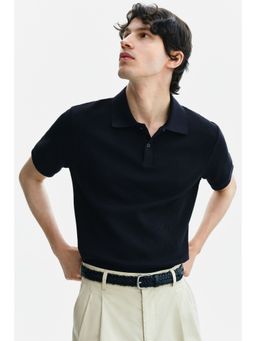 H&M - Men Black Slim Fit Waffle-Knit Polo Shirt