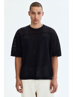H&M - Men Blue Relaxed Fit Boxy Hole-Knit T-Shirt