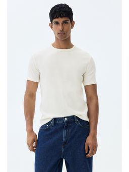 H&M - Men White Slim Fit Ribbed T-Shirt