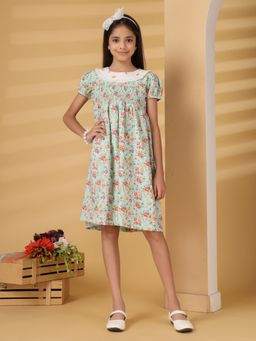 The Little Trunk - Light Blue Floral Smocking Dress