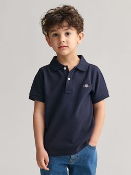 GANT - Boys Navy Blue Solid Collared Short Sleeves Polo T-Shirt