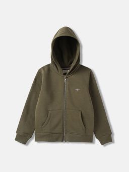 GANT - Boys Green Solid Hooded Full Sleeves Front-Open Hoodie