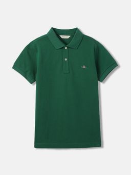 GANT - Boys Green Solid Polo Collar Short Sleeves T-Shirt