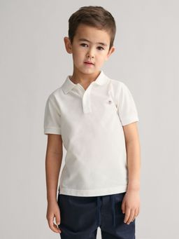 GANT - Boys White Solid Regular Fit Shield Polo T-shirt