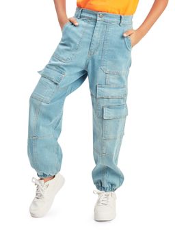 Olele - Boys Cotton Denim Cargo Joggers Jeans - Light Blue