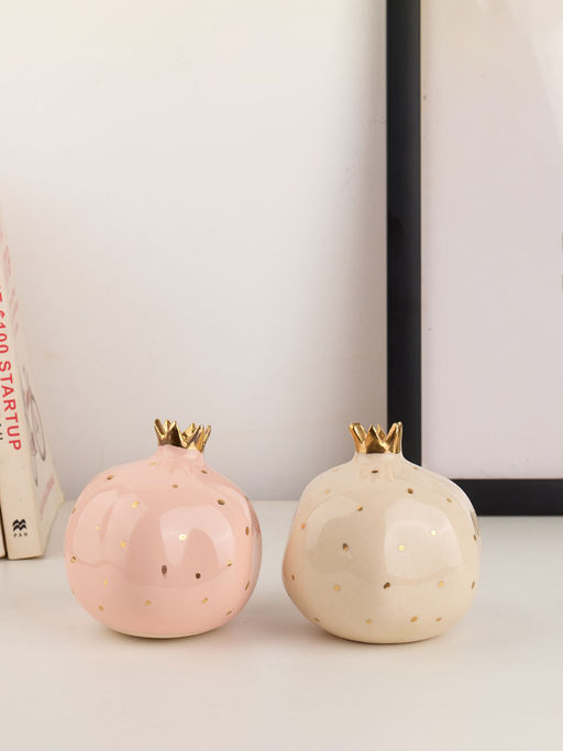 Glimpse Homes Pink & White Ceramic Pomegranate Showpieces (Set Of 2)