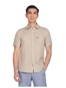 U.S. POLO ASSN. - Men Beige Pure Linen Solid Casual Shirt