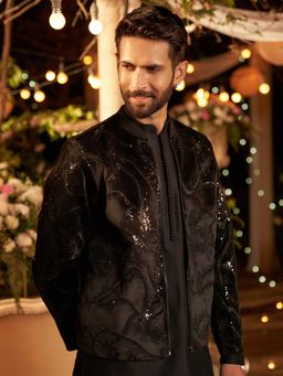 KISAH - Men Black Embellished Bomber Nehru Jacket