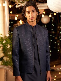 KISAH - Men Navy Blue Woven Design Bomber Nehru Jacket