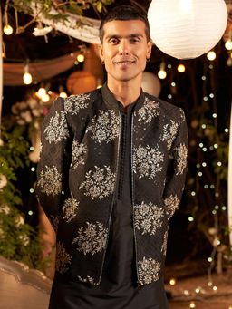 KISAH - Men Black Embroidered Bomber Nehru Jacket