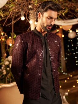 KISAH - Men Maroon Embellished Bomber Nehru Jacket