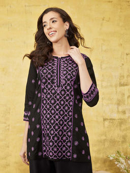 ADA - Hand Embroidered Lucknowi Chikankari Ethnic Motifs Black & Mauve Cotton Kurti