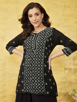 ADA - Women Black & Sage Green Ethnic Motifs Embroidered Chikankari Kurti