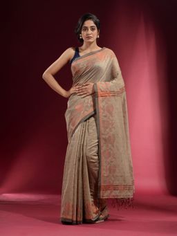 CHARUKRITI - Grey with Copper Zari Foliage Design Saree with Unstitched Blouse