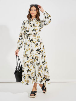 Styli - Women Off White Floral Printed Shirt Maxi Length Dress with Belt (Set of 2)