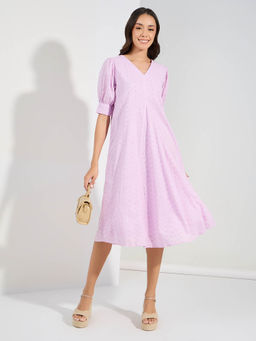 Styli - Women Lavender V Neck Schiffili A-Line Midi Dress
