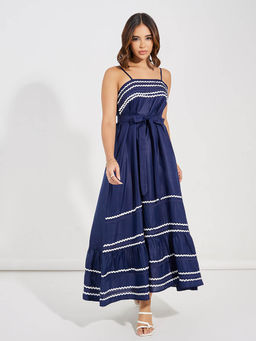 Styli - Women Navy Blue Solid A-Line Strappy Maxi Dress with Belt (Set of 2)
