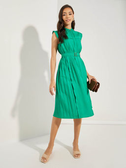 Styli - Women Green Solid A-Line Pleated Midi Length Dress with Belt (Set of 2)