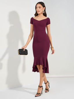 Styli - Women Burgundy High Low Hem Off Shoulder Midi Length Dress
