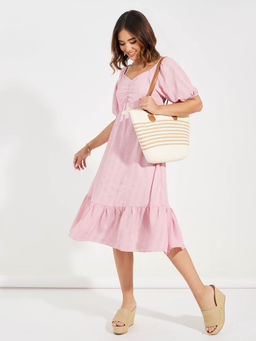 Styli - Women Pink Sweetheart Neck A-Line Pleated Midi Dress with Puff Sleeves