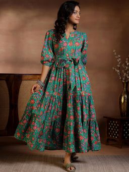 Libas - Green Floral Printed Pleated Panelled Dress with Belt (Set of 2)
