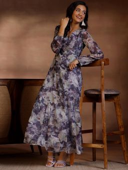 Libas - Grey Floral Printed Panelled Chiffon Dress