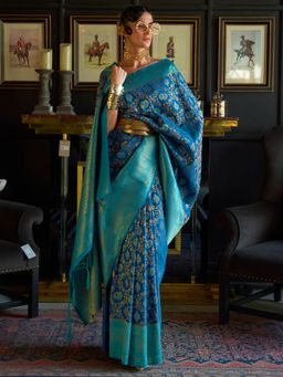Akhilam - Womens Silk Blend Navy Blue Woven Design Handloom Saree with Unstitched Blouse