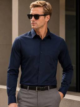 Hancock - Men Navy Blue Pure Cotton Slim Fit Solid Formal Shirt