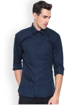 Hancock - Men Navy Blue Pure Cotton Slim Fit Solid Formal Shirt
