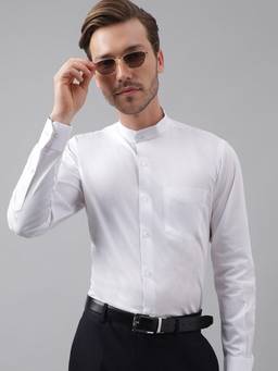 Hancock - Men White Slim Fit Solid Chinese Collar Pure Cotton Formal Shirt