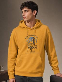 Nobero - Printed Yellow Full Sleeve Hoodie Cotton for Men