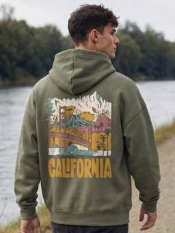 Nobero - Mens Olive Oversized Graphic Printed Cotton Hoodie