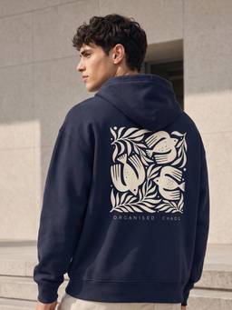 Nobero - Mens Navy Blue Oversized Graphic Printed Cotton Hoodie