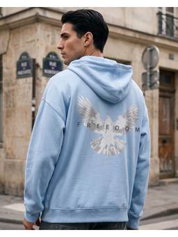 Nobero - Mens Light Blue Oversized Graphic Printed Cotton Hoodie