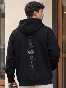Nobero - Mens Black Oversized Graphic Printed Cotton Hoodie