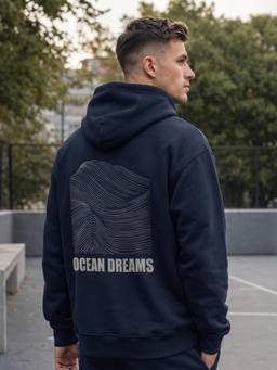 Nobero - Mens Navy Blue Oversized Graphic Printed Cotton Hoodie