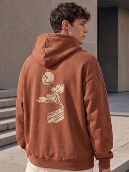Nobero - Mens Brown Oversized Graphic Printed Cotton Hoodie