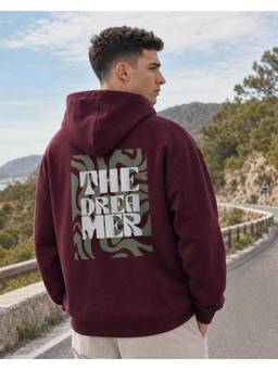 Nobero - Mens Maroon Oversized Graphic Printed Cotton Hoodie