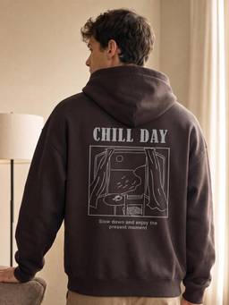 Nobero - Mens Brown Oversized Graphic Printed Cotton Hoodie