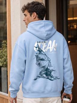 Nobero - Mens Light Blue Oversized Graphic Printed Cotton Hoodie
