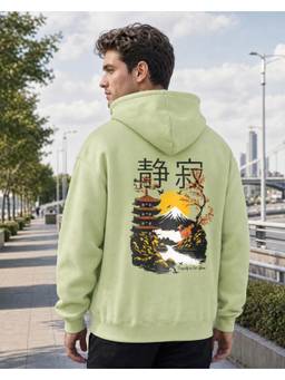 Nobero - Mens Light Green Oversized Graphic Printed Cotton Hoodie
