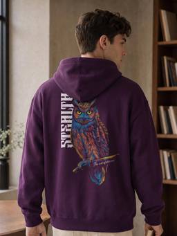 Nobero - Mens Purple Oversized Graphic Printed Cotton Hoodie