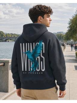Nobero - Mens Grey Oversized Graphic Printed Cotton Hoodie
