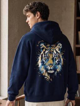 Nobero - Mens Navy Blue Oversized Graphic Printed Cotton Hoodie