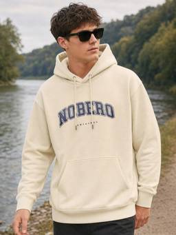 Nobero - Mens Beige Oversized Graphic Printed Cotton Hoodie