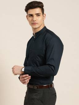 Hancock - Men Navy Blue Solid Pure Cotton Slim Fit Formal Shirt