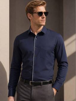 Hancock - Men Navy Blue Solid Slim Fit Pure Cotton Formal Shirt